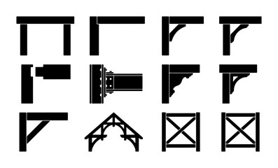 Architectural Brackets Set, Black Wood Beam Supports, Decorative Corbels Collection, Structural Elements Vector Icons © Jannatul