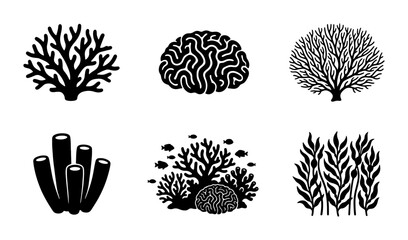 Marine Life Icons: Coral Reef Silhouettes, Brain Coral, Sea Anemone, Tube Sponges, and Underwater Flora Vector Set © Jannatul