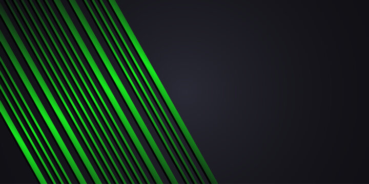 Dark wide abstract banner. Abstract dark grey background with green light line on blank space. Dark futuristic luxury modern technology background.