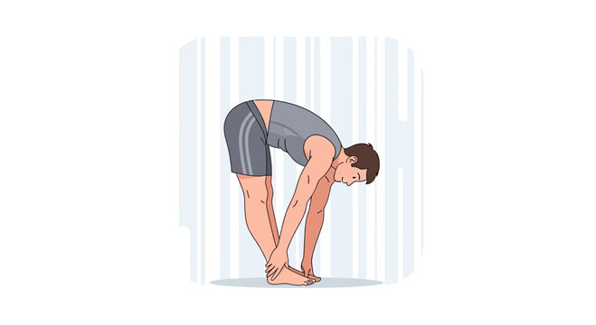 Man practicing forward fold stretch, Uttanasana, for flexibility and hamstring stretch. Vector illustration.