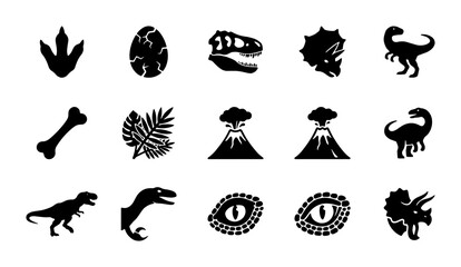 Dinosaur Icons Set, Prehistoric Vector Graphics, Jurassic Era Symbols, Ancient Reptile Illustrations, Fossil Elements, Volcano and Egg Icons © Fatema