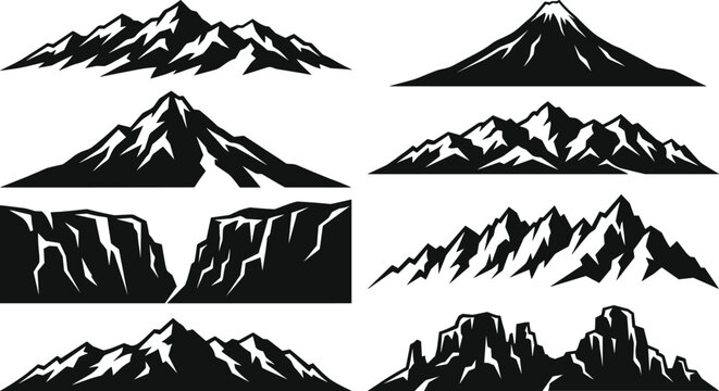 Black and White Mountain Silhouette Vector Set with Vintage Peaks, Canyons, and Ridges for Outdoor Adventure Logos