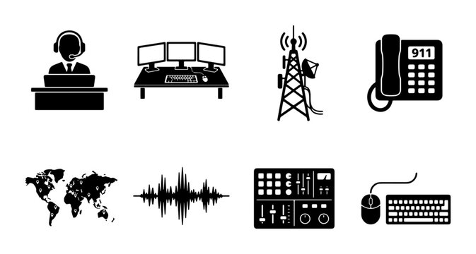 Communication Technology Icons: Operator, Computer Workstation, Radio Tower, 911 Phone, World Map, Sound Wave, Audio Mixer, Keyboard and Mouse Set
