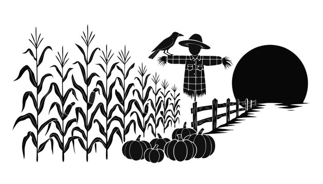 Scarecrow, cornfield, pumpkins, and fence, black silhouette vector, autumn harvest scene, seasonal icons