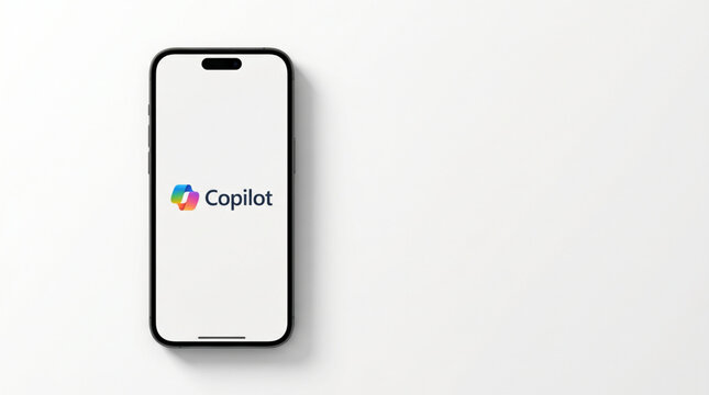 Microsoft Copilot artificial intelligence AI chatbot assistant app on the smartphone iPhone 15 Pro screen. Minimal white background with copy space. Modern generative technology mobile mockup.