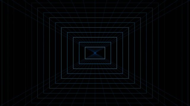 Abstract digital tunnel with glowing blue grid lines moving through infinite 3 d space animation