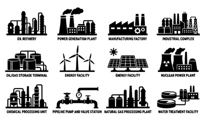 Fototapeta premium Oil Refinery and Power Station Silhouette Icons Collection for Industrial Manufacturing Vector Design
