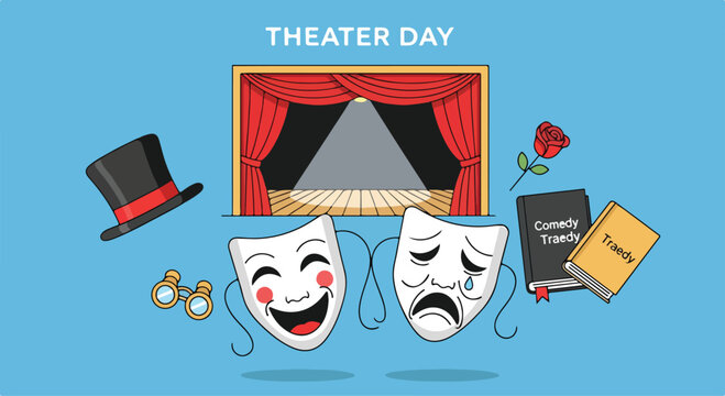 A colorful illustration celebrating theater day with comedy and tragedy masks