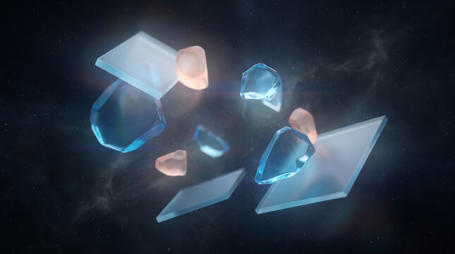 Abstract floating translucent geometric shapes in deep space with glowing light effect