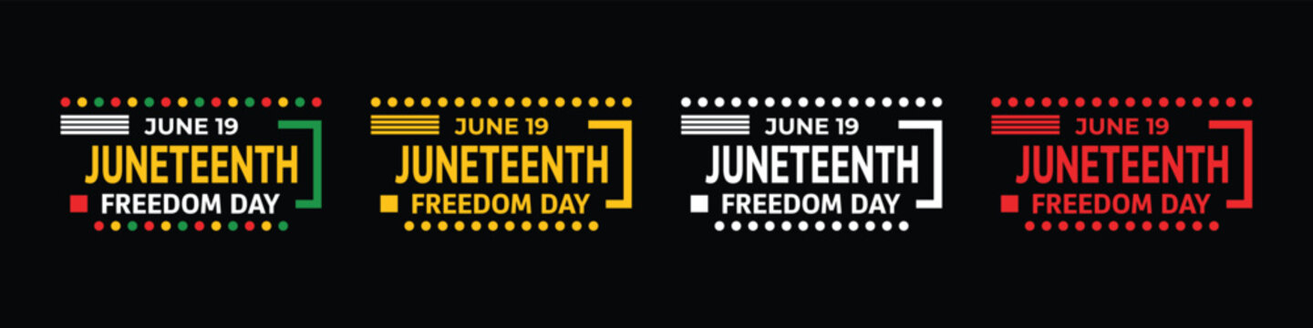 Juneteenth freedom day text designs with june 19 date labels in colorful modern styles for holiday event posters and social media celebration graphics