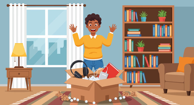 Excited person unboxing a package with electronics in a living room
