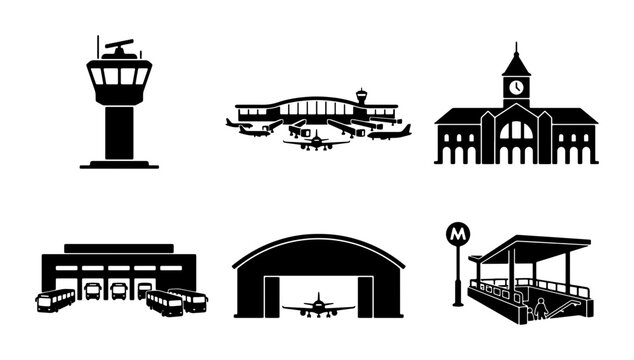 Airport and Transport Hub Icons: Control Tower, Terminal, Station, Hangar, Metro Station, Bus Depot Vector Set