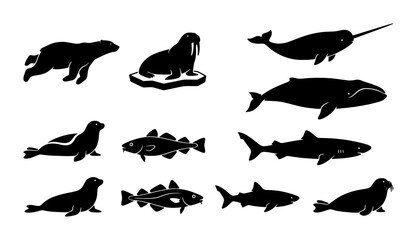 Arctic Wildlife Silhouette Collection, Polar Bear, Walrus, Narwhal, Seal, Codfish, Shark Icons, Marine Mammal Vector Set, Ocean Fauna Graphics © Arefin
