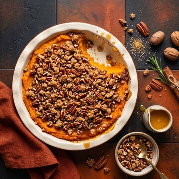 Classic sweet potato casserole USA food &mdash; creamy sweet potatoes with marshmallows or pecan topping, a beloved holiday side dis