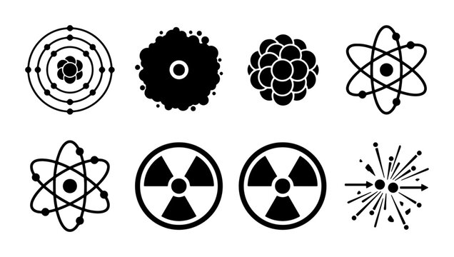 Atomic Structure and Radiation Symbols, Science Icons Set: Nucleus, Electrons, Atoms, Nuclear Energy, Physics Concepts, Vector Graphics