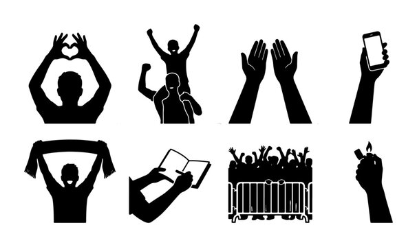 Crowd Silhouette Icons, Fan Celebration Graphics, Event Symbols, Concert Audience Elements, Sports Fanatic Gestures, Music Festival Crowd, Hand Signals, Mobile Phone Use