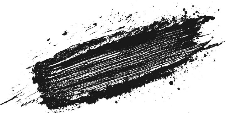 Black Grunge Brush Stroke Texture with Expressive Paint Splatters Hand Painted Artistic Marks and Minimal White Background Composition.