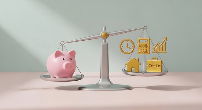 Silver balance scale weighing a pink piggy bank against golden financial including house calculator graph and briefcase on office table