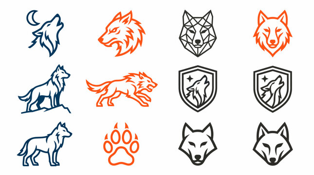 Collection of stylized wolf logos and icons in various poses and artistic styles.