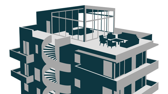 Modern Apartment Building with Rooftop Terrace Vector Illustration