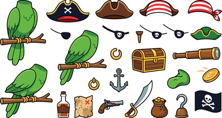 Pirate Parrot Character Creation Kit with Headless Green Bird Bodies Hats Eyepatches Treasure Chest Map and Weapons Vector Asset Set © EdGe Creative