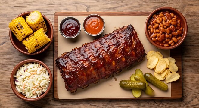 Delicious bbq pork ribs with corn coleslaw and baked beans on a rustic wooden table top view. Fall-off-the-bone BBQ