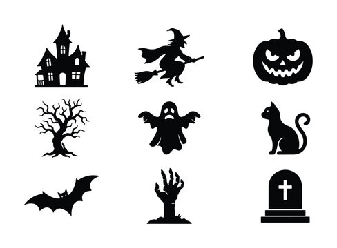 Halloween Icons Set: Spooky Silhouettes of Haunted House, Witch, Pumpkin, Ghost, Cat, Bat, Zombie Hand, Tombstone, Bare Tree
