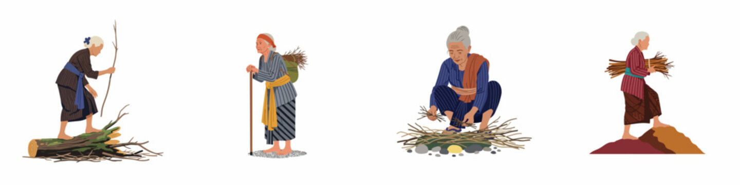 Flat vector illustration set of elderly Southeast Asian women in traditional clothing gathering and carrying firewood on a white background.