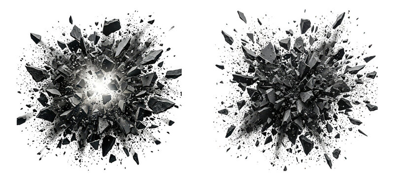 Set of two explosions of black coal or stone debris isolated on transparent background
