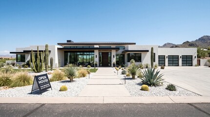 Fototapeta premium Modern luxury desert home with open house sign, contemporary white villa architecture, upscale real estate property in arid landscape with cacti