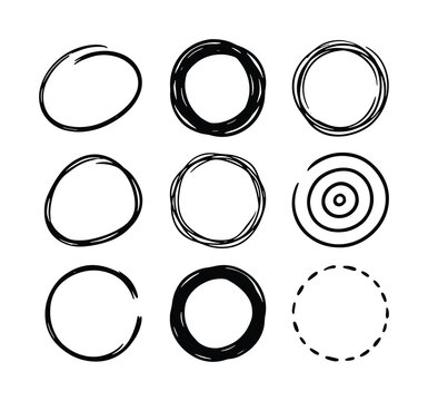Hand-Drawn Circle Elements, Scribble Rings, Doodle Frames, Black Ink Shapes for Design