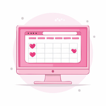 Pink Computer Screen with Calendar and Hearts
