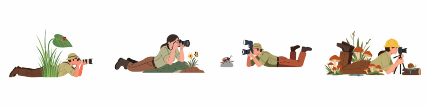 Set of illustrations depicting nature photographers lying on the ground to capture macro shots of insects, plants, and small wildlife in outdoor settings.