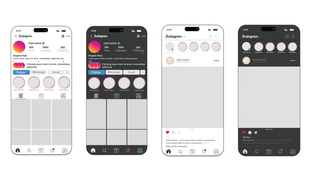 Instagram interface mockups showing light and dark mode