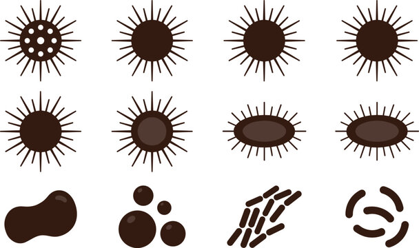 Microscopic bacteria and virus pathogen cell types icon set with micro organism germ silhouettes
