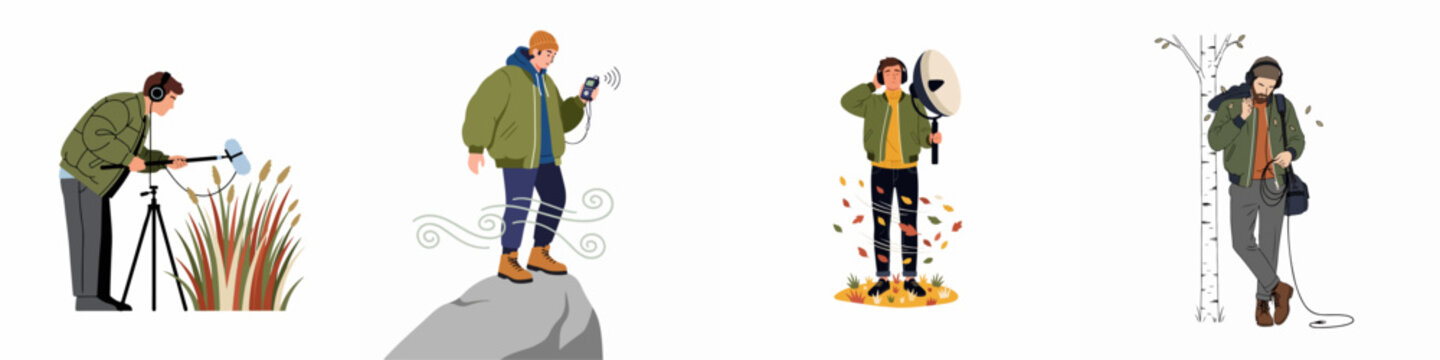 Set of illustrations featuring a sound engineer recording nature's sounds like wind, leaves, and rustling grass using professional audio equipment in various outdoor locations.