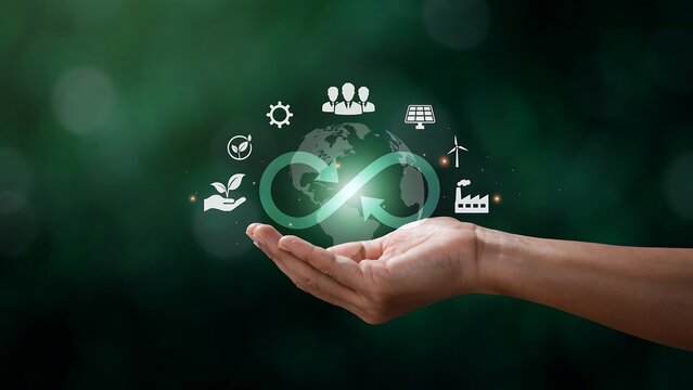 A hand presents eco-friendly symbols and icons surrounding a glowing infinity loop on a blurred green background with a person.