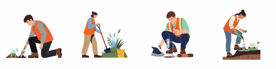 Fototapeta premium Flat illustration set of people conducting soil analysis, geological research, and environmental field work in high-visibility vests.