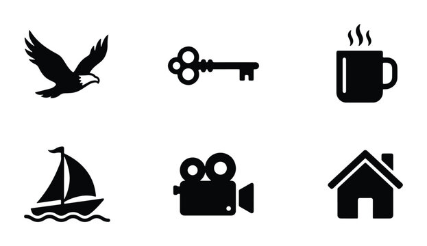 Vector Icons: Eagle, Key, Coffee Cup, Sailboat, Camera, House, Graphic Elements