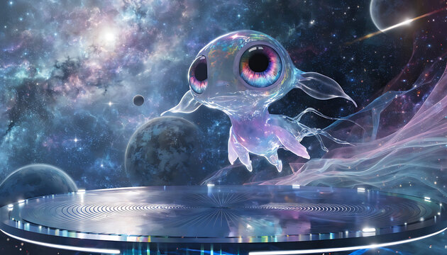 Whimsical extraterrestrial alien creature floating in cosmic space with glowing nebula and stars