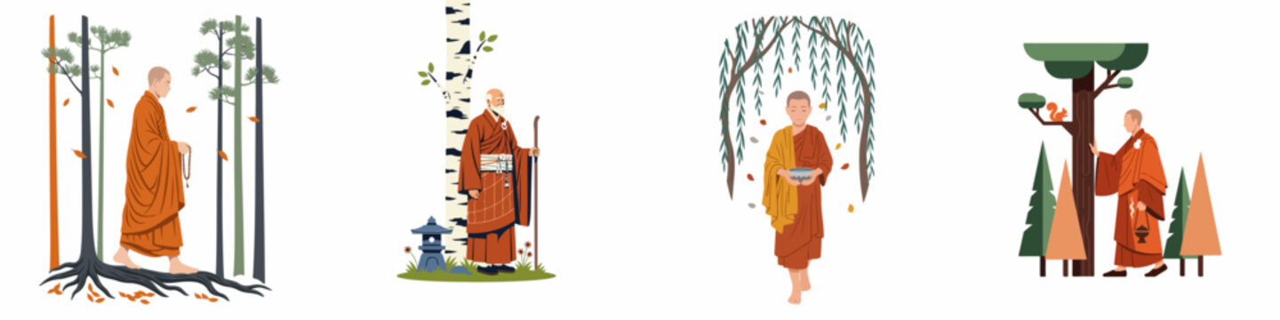 Set of four vector illustrations of Buddhist monks in orange robes walking through diverse forest landscapes, depicting mindfulness, peace, and spiritual journey.