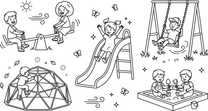 Children playground and park equipment line icon set with slide swing seesaw sandbox vector illustration
