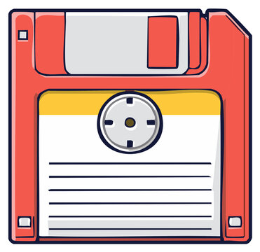 Retro red floppy disk with label and center spindle for data storage illustration