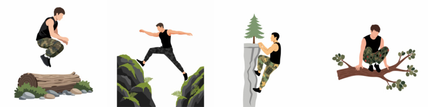 Set of vector illustrations featuring a man in camouflage pants performing outdoor parkour and survival training exercises in a natural environment.