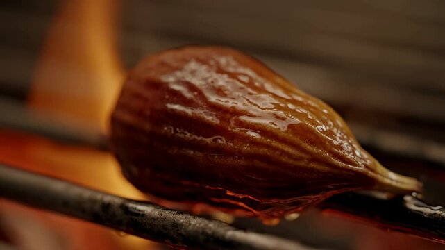 Close-up roasted chestnut on glowing charcoal grill