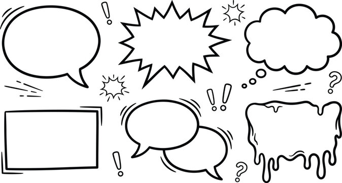 Comic speech bubble and blank thought cloud line icon set with slime dripping frame vector illustration