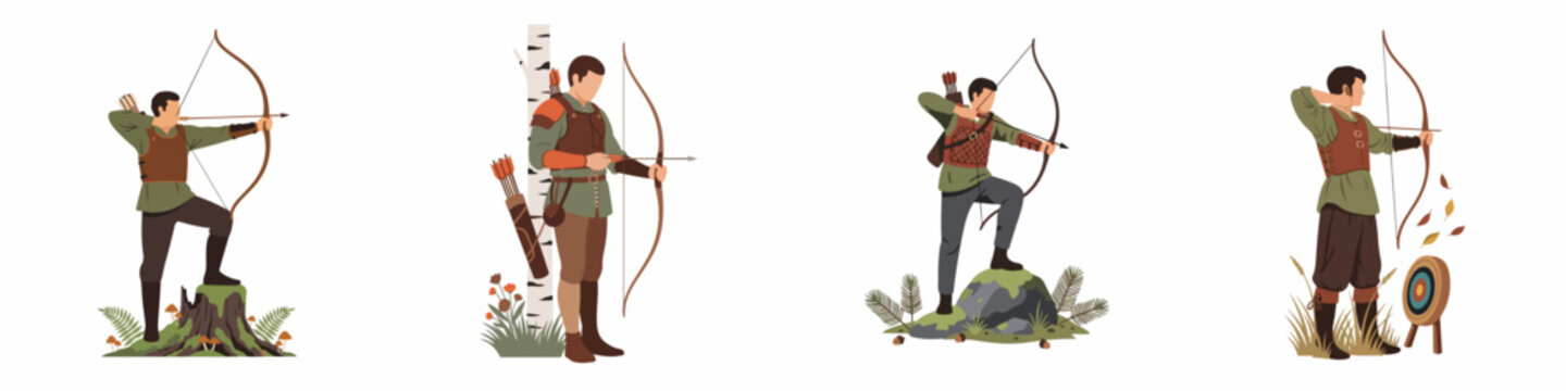 Set of medieval archer character illustrations in various outdoor poses, featuring a bow, arrows, and traditional attire for fantasy and historical themes.