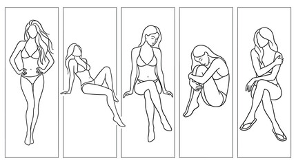 Fototapeta premium Woman posing in bikini line art collection various casual feminine positions.