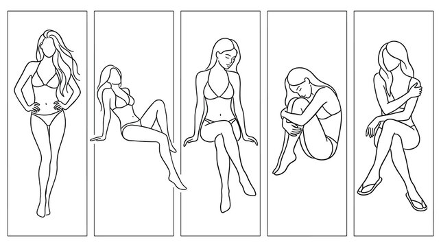 Woman posing in bikini line art collection various casual feminine positions.