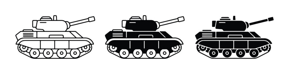 Military Tank Icons, Set of 3, Black and White Vector Graphics for War and Defense Concepts © Fahmida